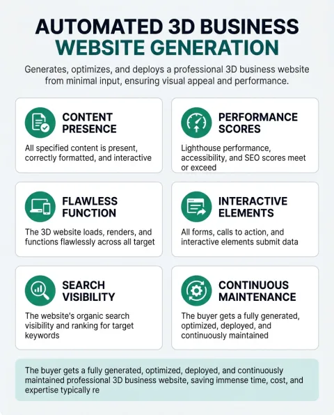 The main capabilities of Automated 3D Business Website Generation, shown as a six part grid