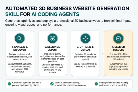 The four stages Automated 3D Business Website Generation runs, from the input you supply to the finished result