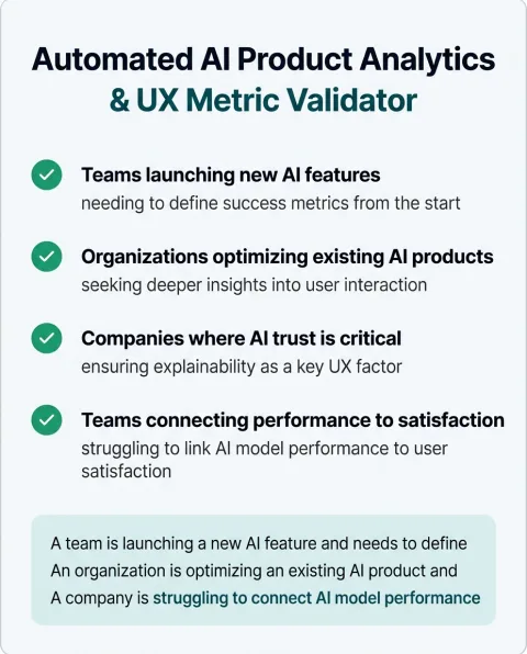 The professional roles Automated AI Product Analytics & UX Metric Validator is built for, and what each one gets