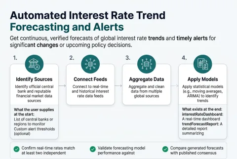 The four stages Automated Interest Rate Trend Forecasting and Alerts runs, from the input you supply to the finished result
