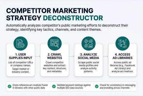The four stages Competitor Marketing Strategy Deconstructor runs, from the input you supply to the finished result