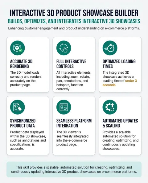 The main capabilities of Interactive 3D Product Showcase Builder, shown as a six part grid