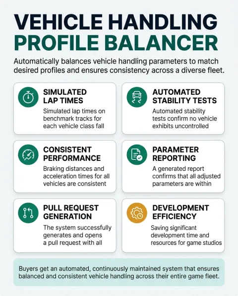 The main capabilities of Vehicle Handling Profile Balancer, shown as a six part grid