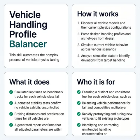 A one page summary of Vehicle Handling Profile Balancer: what it does, how it works, and who it is for